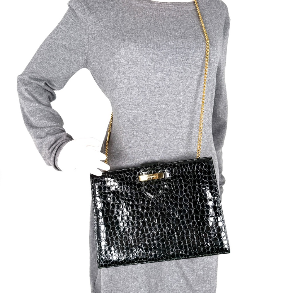 Vintage Salvatore Ferragamo Dark Green Croc Embossed Crossbody Clutch Chain Bag - Picture 3 of 15